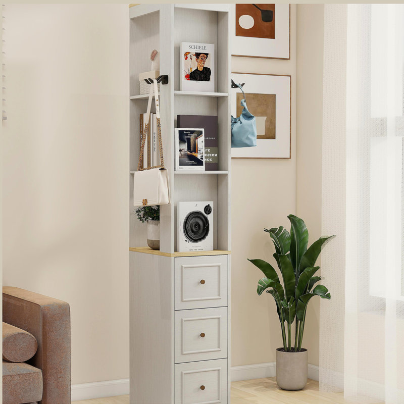 Armoire de rangement mince de 73 po de hauteur, armoire de rangement multimédia à 3 niveaux avec 3 tiroirs et 2 crochets, étagères de rangement pour bibliothèque, armoire de rangement pour CD, DVD et console de jeux