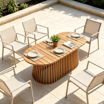 Table de salle à manger ovale en bois d'acacia avec base à piédestal à lattes