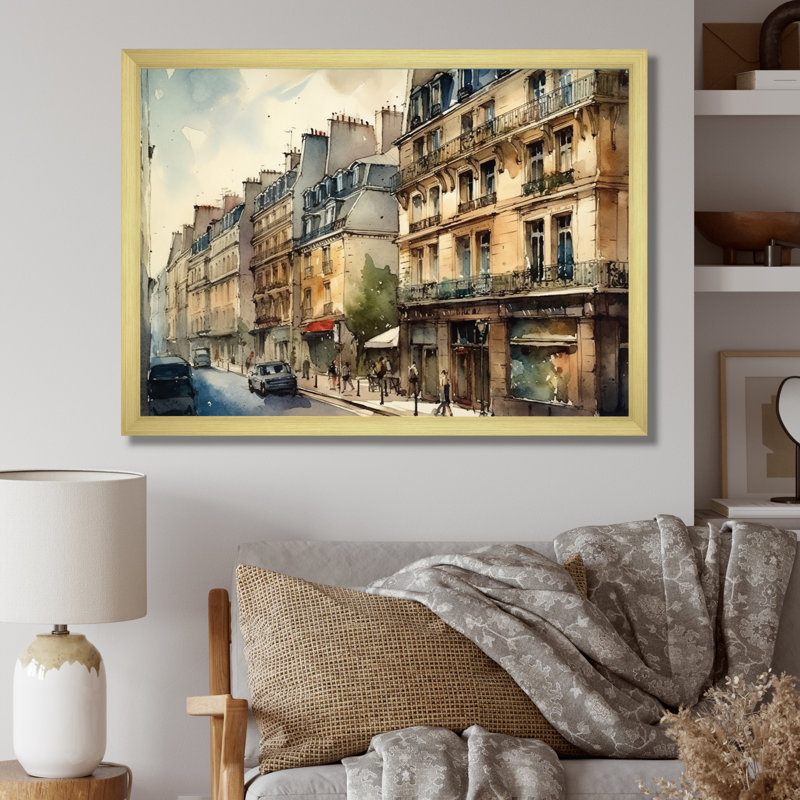 Aquarelle de Paris, France II sur toile, Cadre doré à une seule photo, H 34 po x l 44 po x P 1,5 po