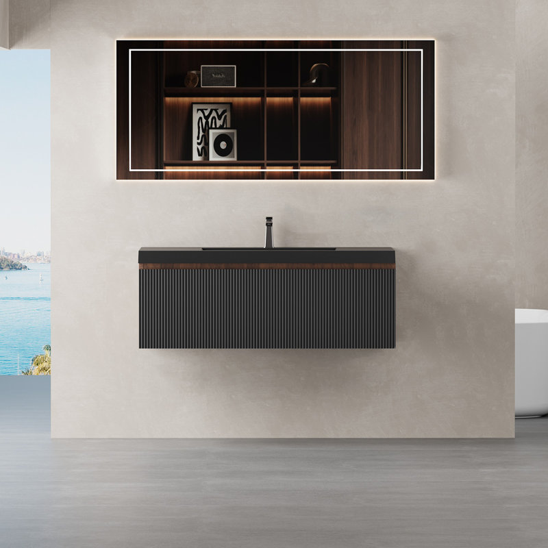 Meuble-lavabo flottant avec lavabo, Noyer, 42", Noir