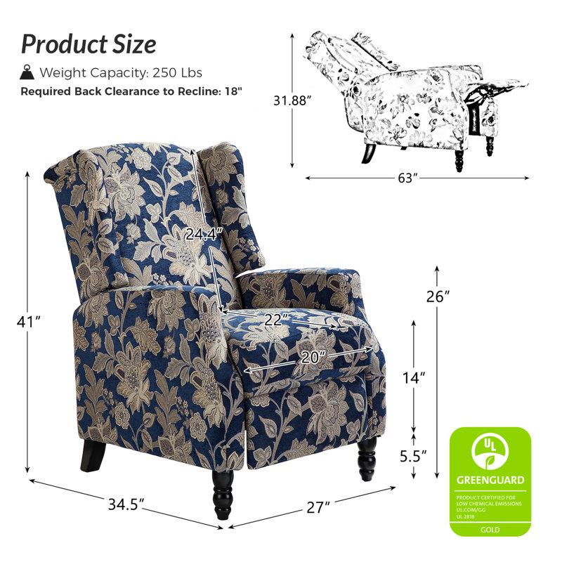 Fauteuil inclinable manuel rembourré Celia avec dossier à oreilles classique et pieds en bois en forme de vase, Jardin