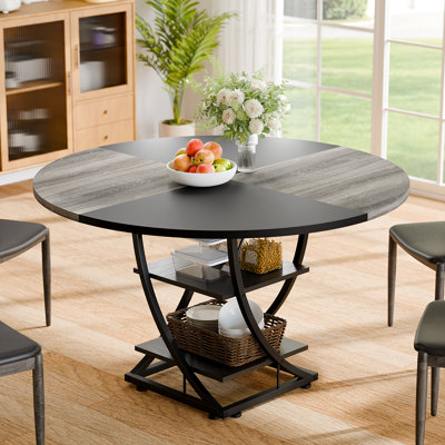 Table de cuisine circulaire de 47 pouces avec tablette de rangement à 2 couches, table de salle à manger moderne en bois avec piédestal robuste