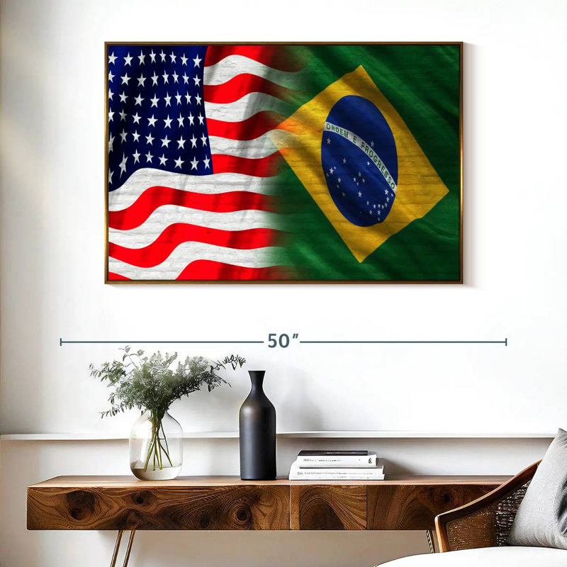 Drapeau des États-Unis et du Brésil, Cadre flottant doré, 40 po x 27 po