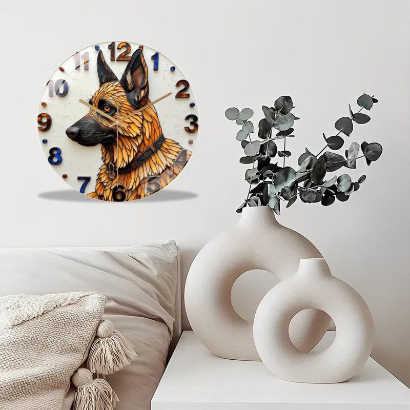 Horloge murale silencieuse en verre trempé de 30 cm, motif berger allemand, sans tic-tac, fonctionne avec des piles AA (non incluses), décoration artistique pour la maison.
