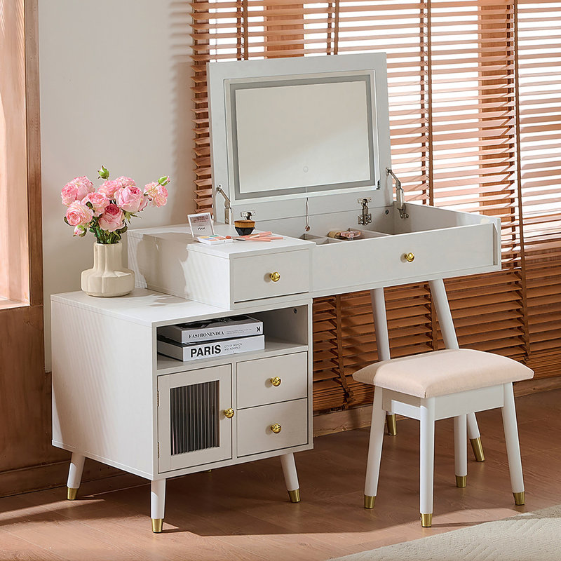 3-In-1 Vanity Desk With Lighted Flip-Top Mirror & Adjustable Cabinet, Makeup Dressing Table With Stool, Dresser With Drawers For Bedroom, White