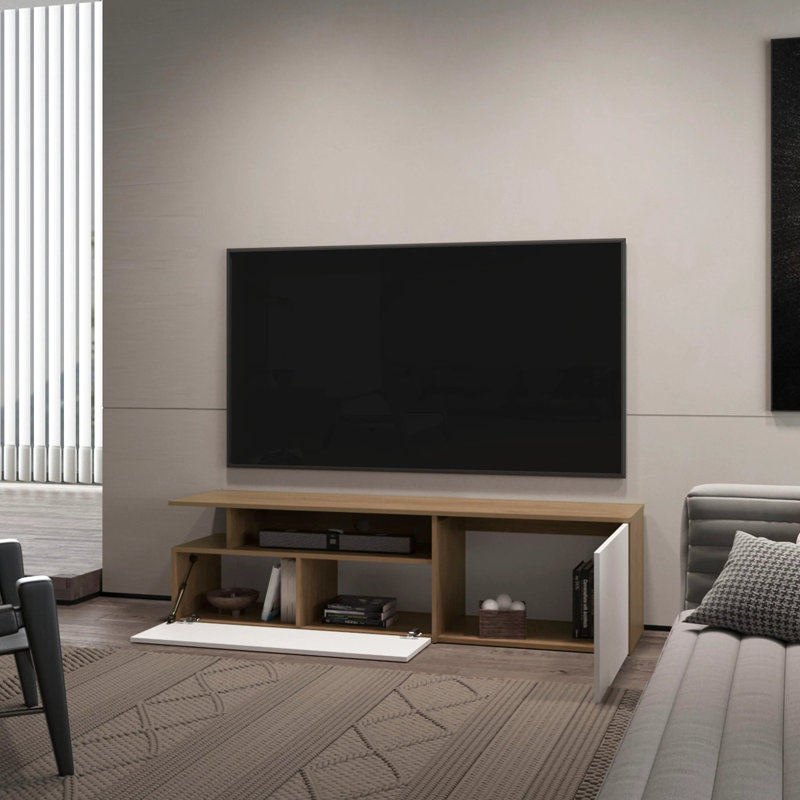 Meuble télé en chêne naturel et blanc avec porte rabattable et tablette ouverte
