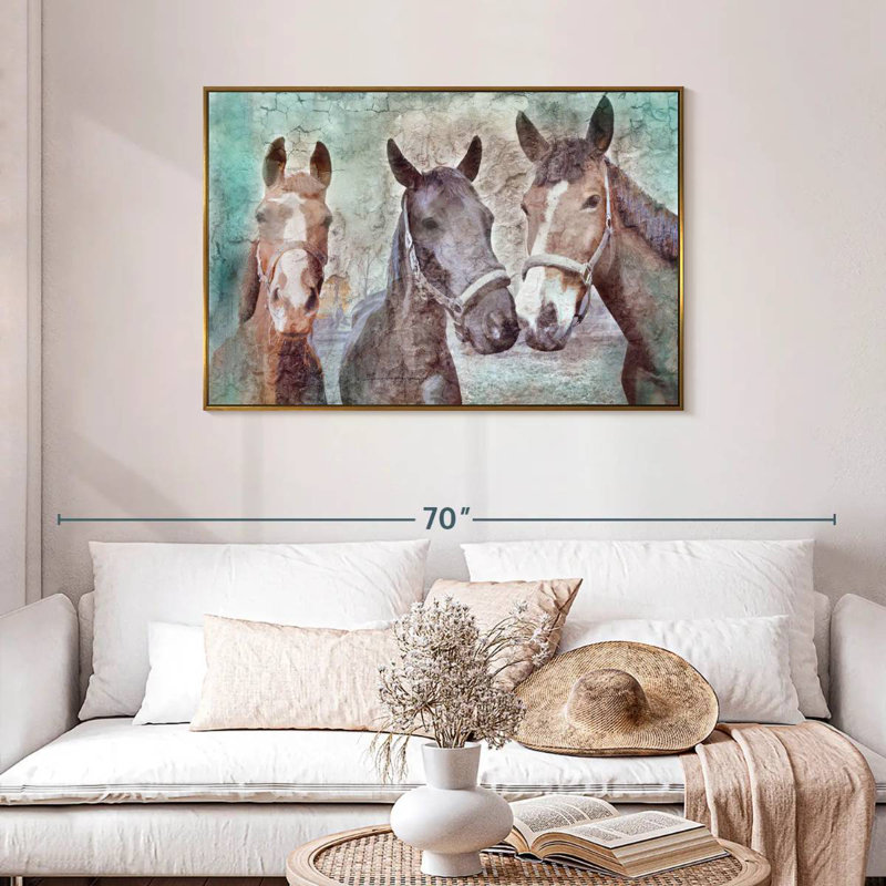 Trois chevaux voisins, Cadre flottant doré, 43 po x 29 po