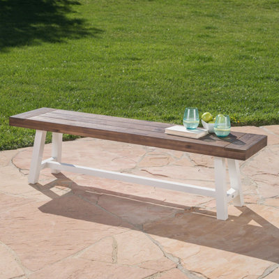 Banc de salle à manger en bois d'acacia brun foncé au fini sablé foncé avec structure en métal rustique blanc