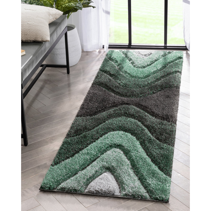  Tapis à motif géométrique vert San Francisco, Tapis de couloir 2 pi 3 po x 7 pi 3 po