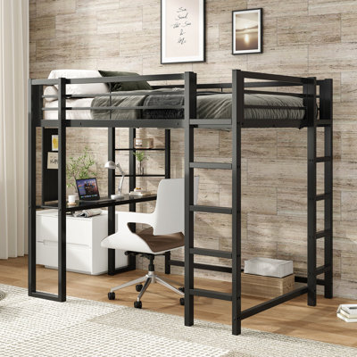 Lit mezzanine avec bureau, lit mezzanine en métal, cadre de lit mezzanine avec bureau et rangement compatible avec les garçons, les filles et les adolescents, cadre de lit noir