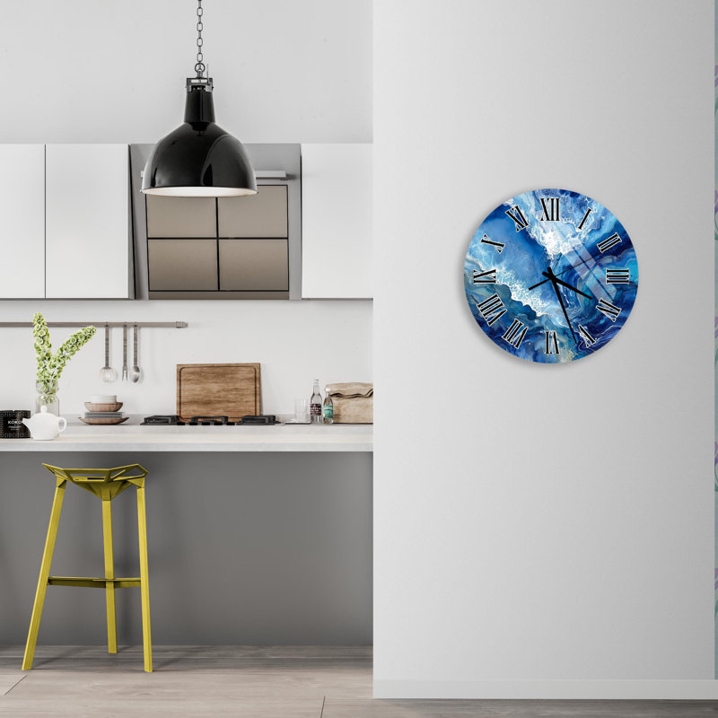 Abstrait horloge murale en verre trempé bleu océan, art côtier, décoration moderne, cadeau unique, grande horloge murale, horloges murales décoratives