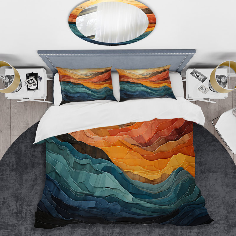 Ensemble de housse de couette Coral Teal Bold Mountains Landscape Bed, Housse de couette pour grand lit et 2 taies décor