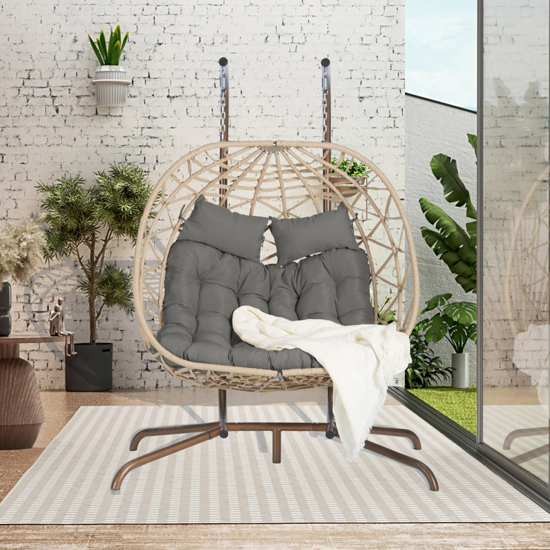 Chaise suspendue en rotin pour 2 personnes, Gris foncé, 75.19", Naturel