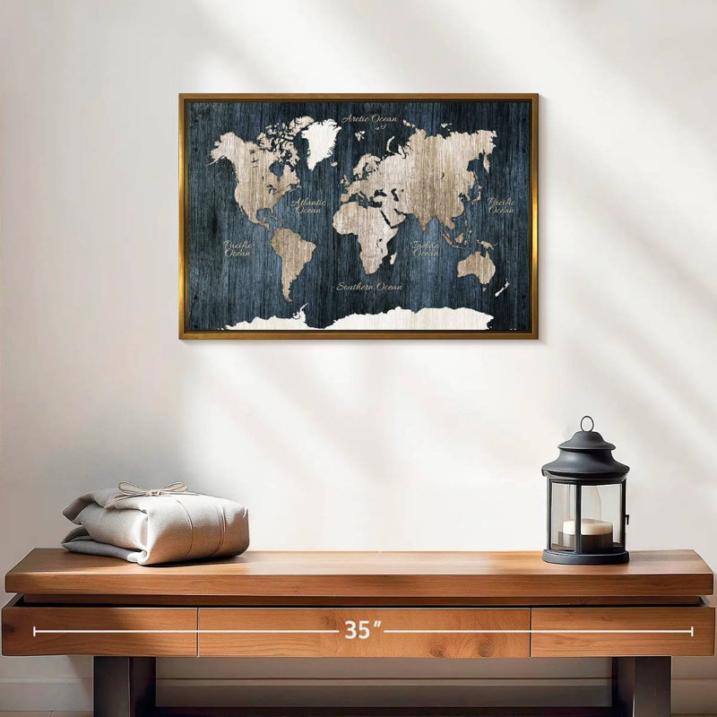 Carte du monde en bois vieilli, 19 po x 13 po, Cadre flottant doré