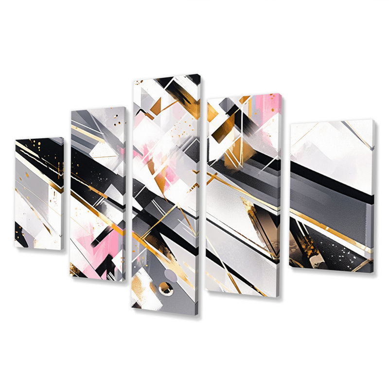 Pink Grey Symmetrical Abstract - Cubism Wall Decor - 5 Panels