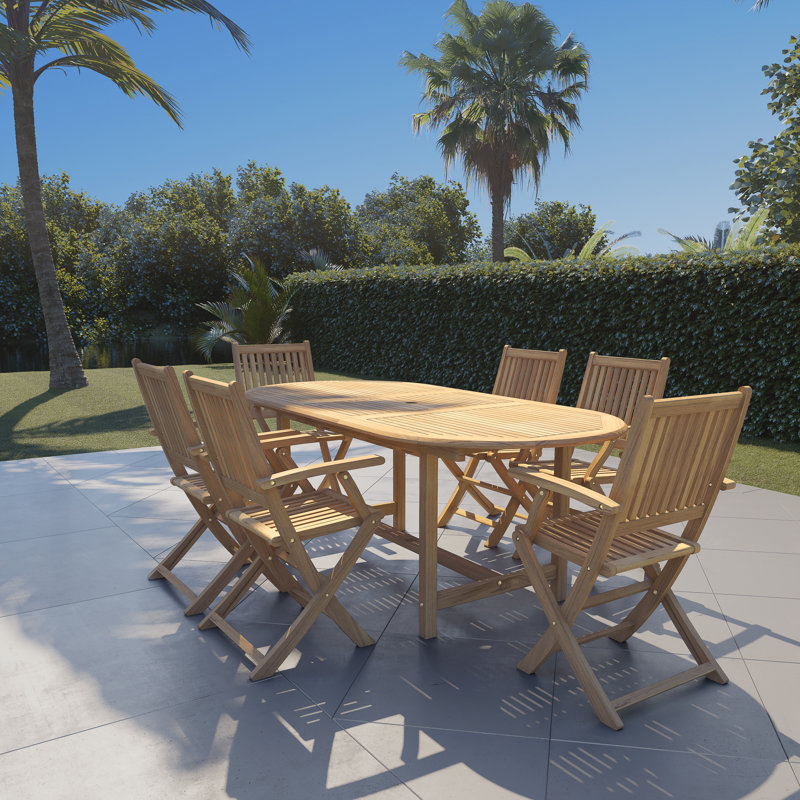Anautica 6 - Person Teak Solid Wood Patio Dining Set Extendable and Umbrella Hole Included Oval Table