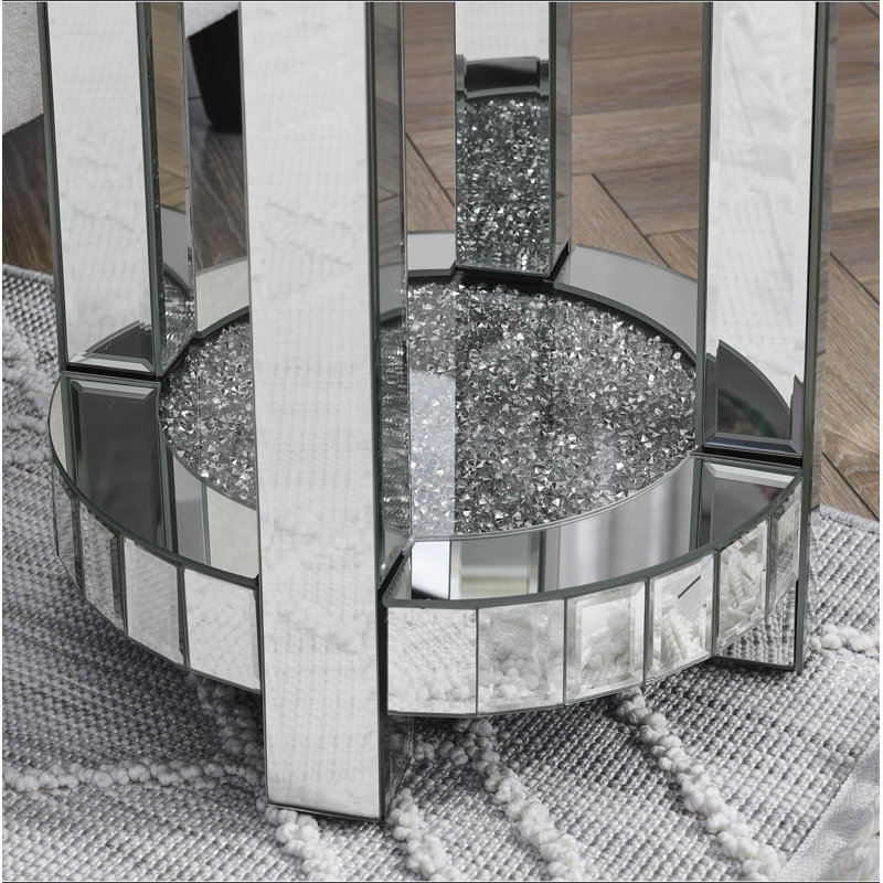 Table ronde en miroir avec incrustation de cristal, petit canapé moderne à 2 couches avec espace de rangement, table décorative argentée convenant au salon, à la chambre à coucher, au café et aux petits espaces