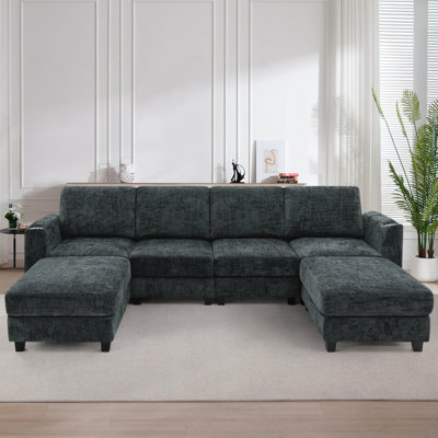 110" Chenille Modular Couch  With Sturdy Cup Holders, Sectional U-Shape Sofa With Flexible Ottomans For Living Room, Apartment