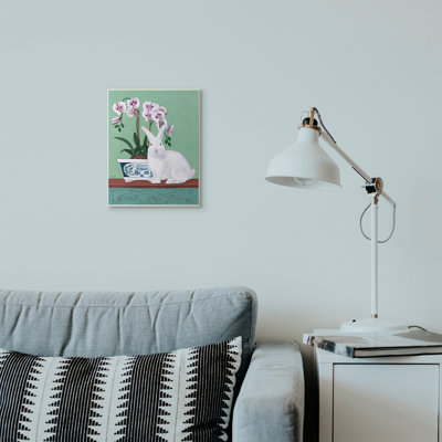 « lapin et fleurs vert rose animal » par catherine b-reproduction d’art