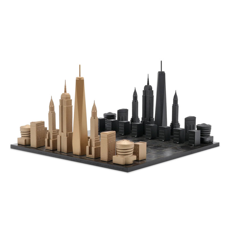 Chess Set Luxury Bronze New York With New York City Map Wood Board