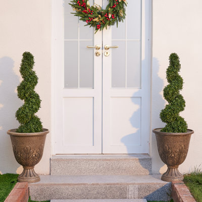 Ensemble de 2 topiaires artificiels en forme de buis en spirale - Faux plante luxuriante de 36 po, décoration de porche de porte d'entrée résistante aux rayons UV - Pot à feuilles persistantes réaliste pour patio de jardin