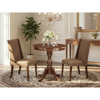 3 Piece Dining Room Furniture Set Contains a Round Dining Table with Pedestal and 2 Brown Linen Linen Fabric Upholstered Chairs, 30x30 Inch, Mahogany