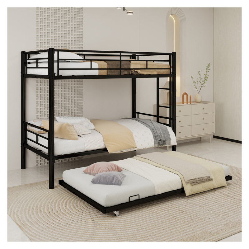 Lit superposé simple au-dessus de simple avec lit gigogne en métal robuste - cadre robuste noir, garde-corps à sécurité réduite et aucun sommier