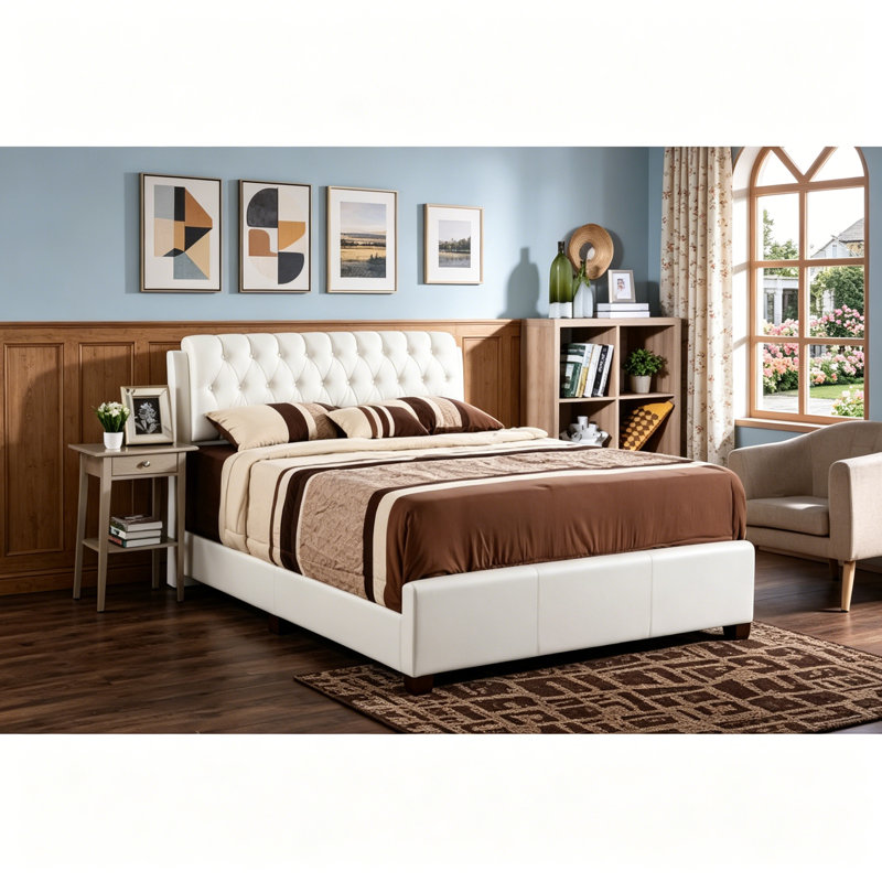 Sleek And Stylish Contemporary Bed,Faux Leather Tufted Bed, King