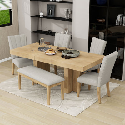 6-Piece Dining Table Set with Extendable Trestle Table, Upholstered Chairs, Bench and Removable Leaf