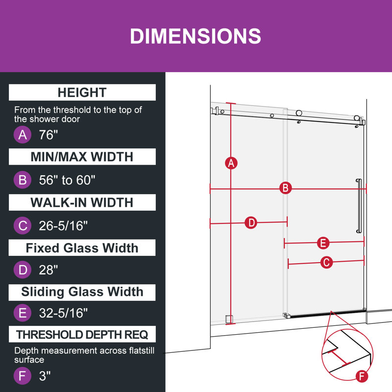 56"- 60" W x 76" H Sliding Frameless Shower Door with 5/16" Clear Tempered Glass, Brushed Gold