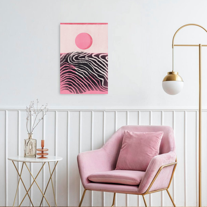 Pink Sun Abstract Horizon Abstract Contemporary Geometric Landscape Nature Wall Art Print 1 Piece Wrapped Canvas Wall Art