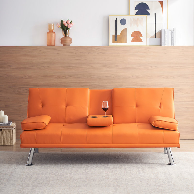 Canapé-lit de bureau 67 po en cuir orange double pliable avec table basse 67 po