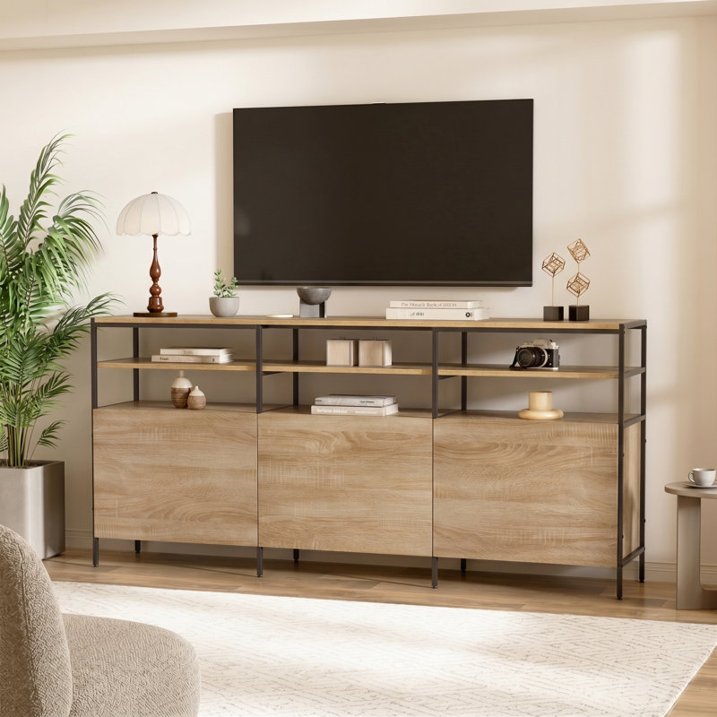 66.7" Modern TV Stand for TVs up to 75", Wood Entertainment Center with Open Display Shelves, 3 Hidden Storage Cabinets, Metal Frame & Soft-Close Doors