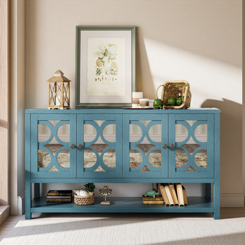 Console / armoire de rangement / buffet élégant avec portes en miroir et tablettes spacieuses, Marine antique