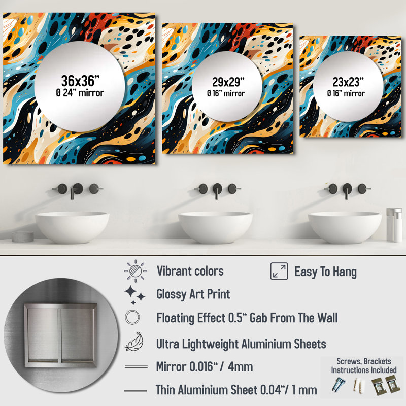 Rétro futurisme dans les vagues orange et bleues - art mural moderne carré en miroir pour salle de bain, 23 po x 23 po