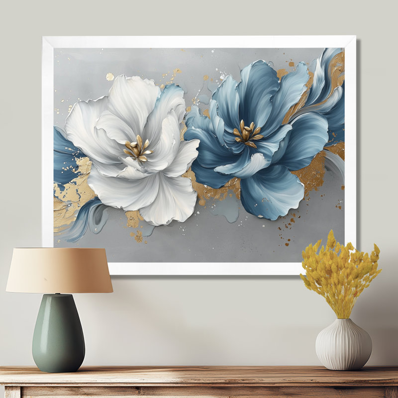 Tulipes bleues et or bleues, H 30 po x l 40 po, Floater Framed, Blanc