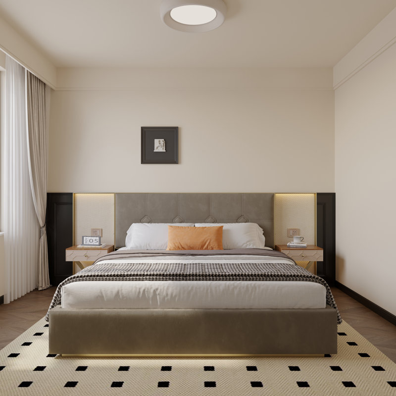 Velvet Upholstered Platform Bed With Metal-Framed Headboard, Dual Wall Lamps And Bedside Tables, No Box Spring Needed, Coffee
