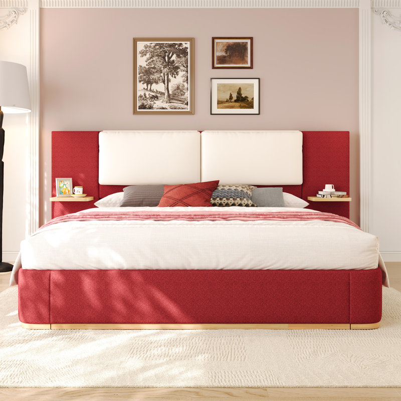 Queen Size Red Upholstered Platform Bed With Soft Rounded Corners, Comfortable Lean, No Box Spring, Side Shelves For Items Panel, Easy Assembly, Stable Structure,