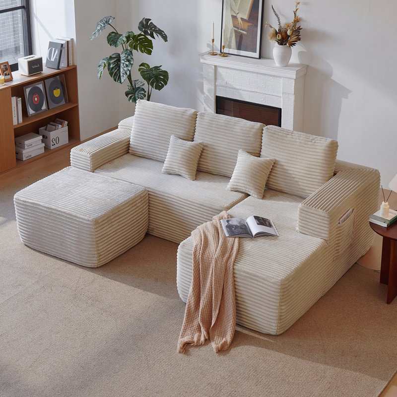 Canapé modulaire de 104 po avec méridienne en forme de U et poches latérales, canapé modulaire moderne avec assise profonde, canapé rembourré pour la chambre à coucher du salon, aucun assemblage requis, beige, droite