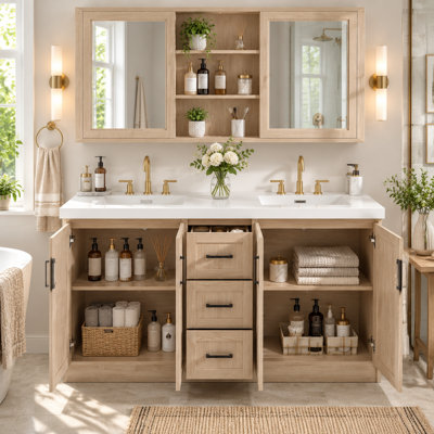 Meuble-lavabo double 59 po avec lavabo SMC, portes à fermeture en douceur et glissières cachées