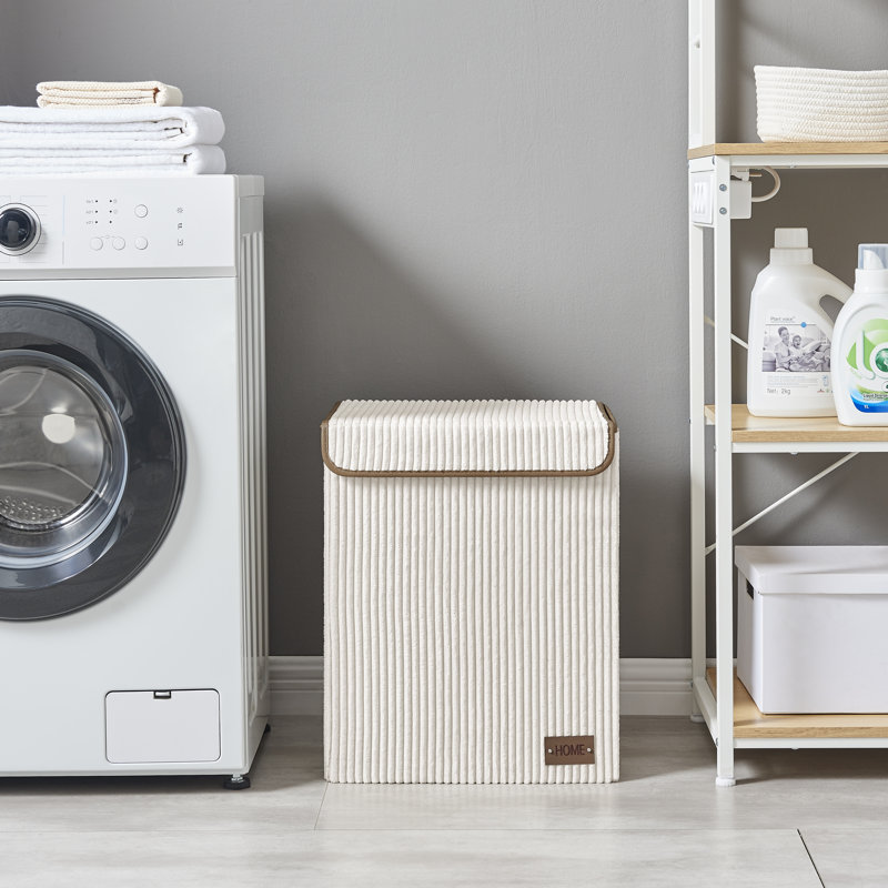 Collapsible Folding Corduroy Low Profile Laundry Hamper Toy Storage, Cream