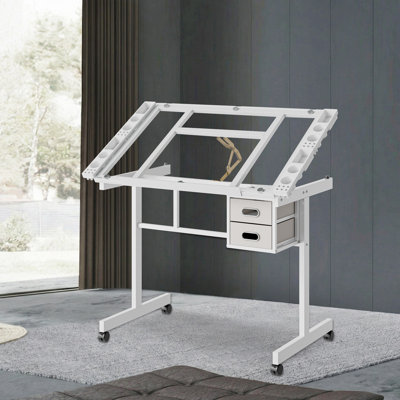 Adjustable Art Drawing Desk Craft Station Drafting   With 2  Fabric  Drawers And 4 Wheels