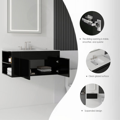 Meuble-lavabo suspendu de 91 cm (36 po) avec lavabo, porte à fermeture douce, comptoir et dosseret en marbre reconstitué granité de 5 cm (2 po), contreplaqué