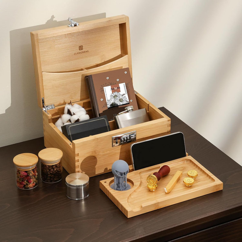 Dakota Fields Stash Box With Rolling Tray, Smell Proof Large Bamboo Storage Box With Lock, Decorative Box Set Includes Glass Jars & Grinder