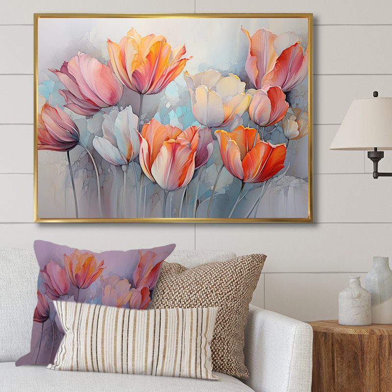 Minimalisme, tulipes rouges et grises sur toile, Cadre flottant doré, H 24 po x l 32 po x P 1 po