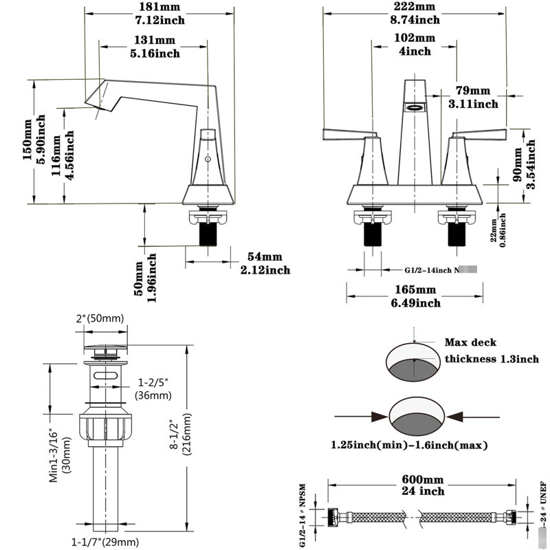 2 robinets de lavabo pour salle de bain en nickel brossé - 4 pouces, 3 trous avec drain escamotable et conduites d'alimentation. Robinet de lavabo commercial moderne. Économiseur d'eau, débit de 1,5 gallon par minute. Facile à installer. Métal, zinc