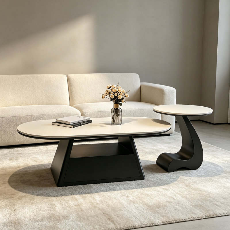 Table basse en ardoise de style simple avec rangement, H 15,74 po x l 51,18 po x P 27,55 po, Blanc / noir / blanc
