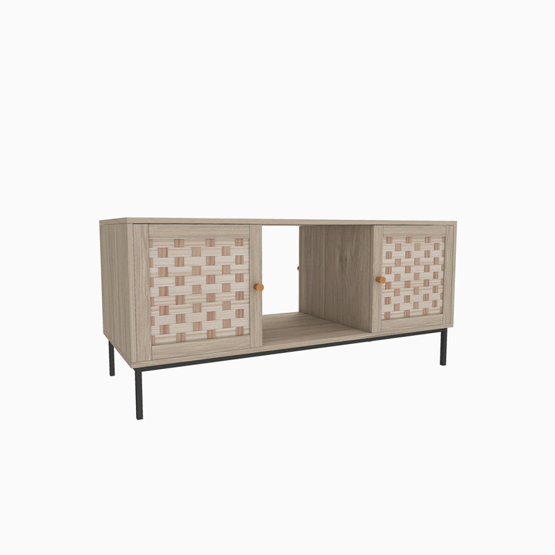Elegant Veener Weaving Design Coffee Table With 4 Sliding Door, Wooden Center Rectangular Table With Symmetrical Design Storage Cabinet