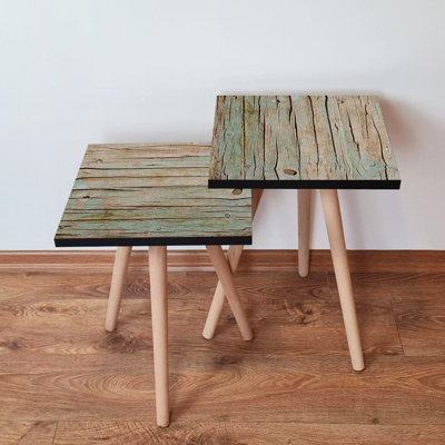 Ensemble de tables gigognes rustiques (2 pièces), vert et brun, 13,8 x 18,5 x 13,8 po et 13,8 x 16,5 x 13,8 po | 100% panneau de fibres à densité moyenne avec pieds en bois de hêtre, épaisseur de 0,7 po | Élégant et fonctionnel pour le salon et la décoration intérieure