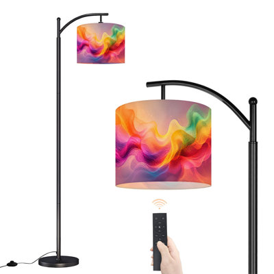 Lampadaire arqué élégant, motif floral pêcher, coucher de soleil, détails de branches orange, 159 cm de haut, lampe sur pied moderne, abat-jour tambour en lin DEL, 3 températures de couleur, télécommande et interrupteur au pied, idéal pour le salon, la chambre ou un coin lecture.